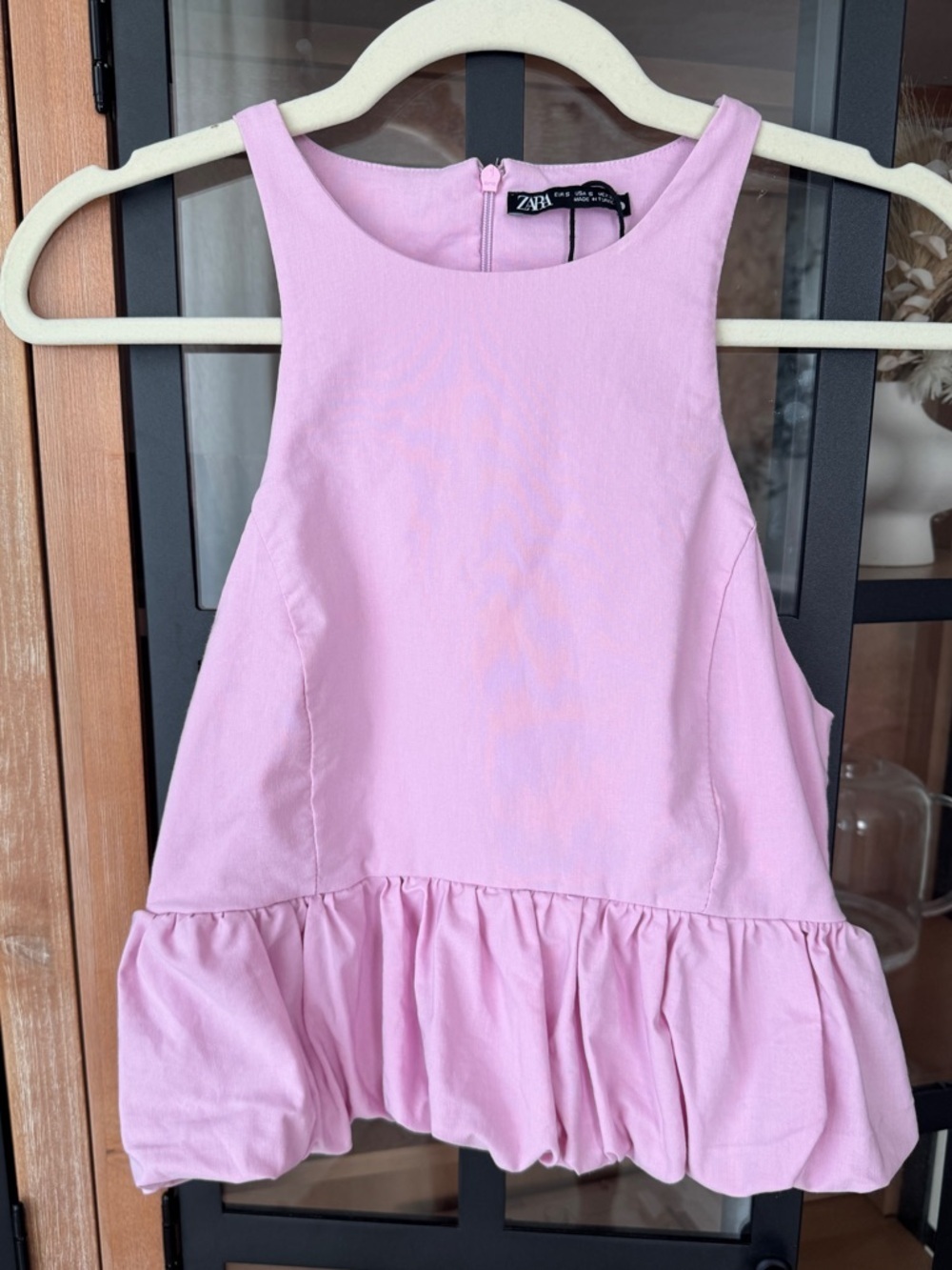 Zara top bubble peplum hem halter tank blouse satin orchid pink ruffle drop